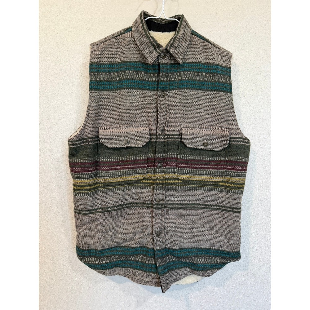 Paragraff Wool Blend Striped Vest Mens Large Faux Fur Lined Southwestern